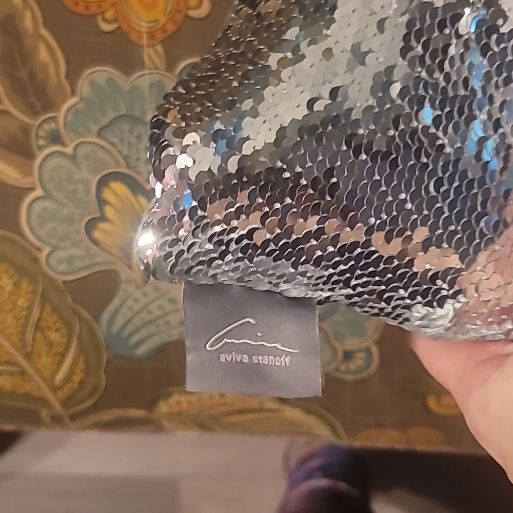 NEW Aviva Stanoff Silver/Gray Sequin Silk Pillow 10x17
